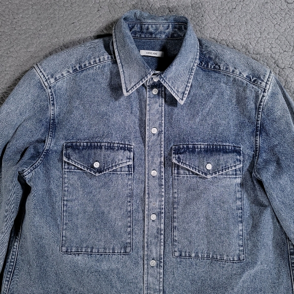 Chic Joc Shirt Mens 40 Blue Heavyweight Denim Cotton Long Sleeve Designer Button - Picture 2 of 9